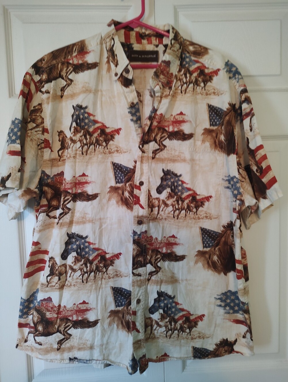 Bit & Bridle Shirt Mens XL Ivory Western US Flag Horse Rodeo Cowboy Patriotic